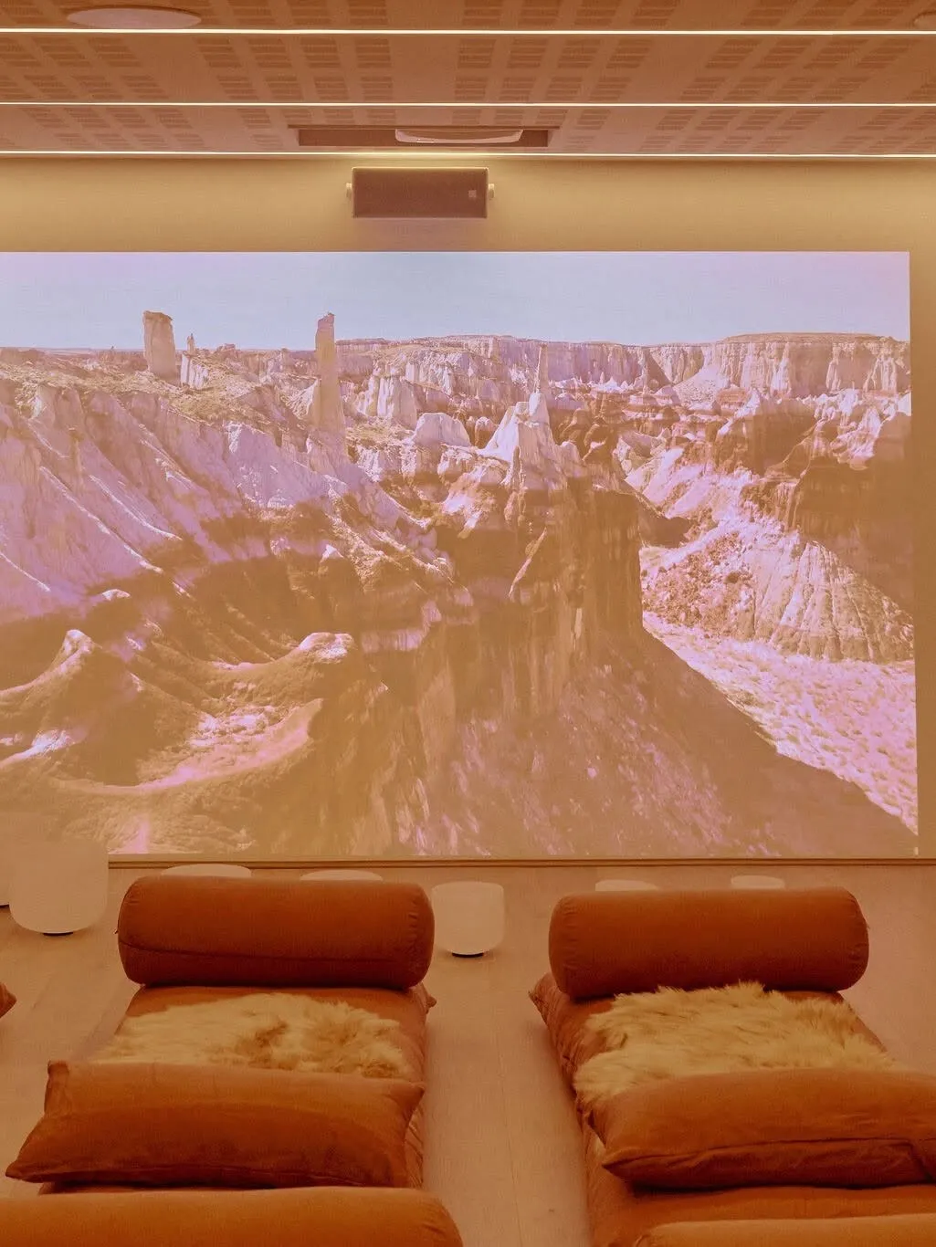 Floor mats with bolsters and sheepskins facing a projected canyon landscape, with crystal singing bowls behind