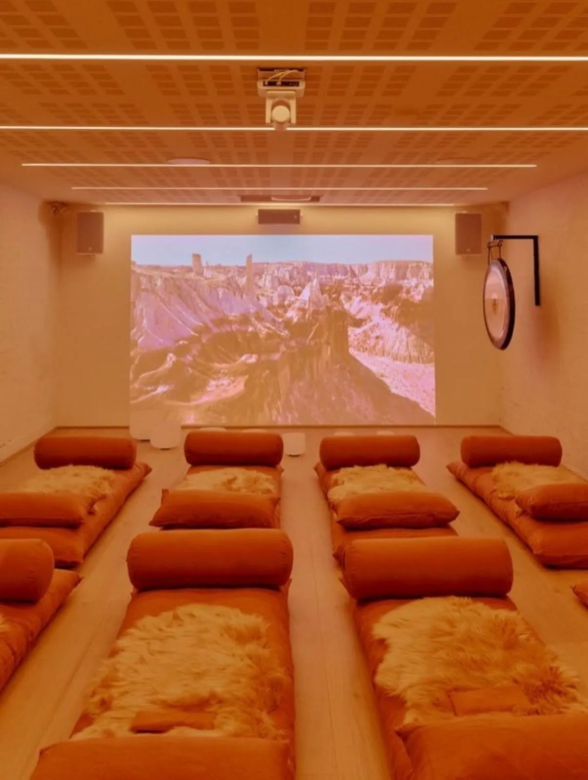 Rows of floor mats and bolsters facing a projected landscape in the studio
